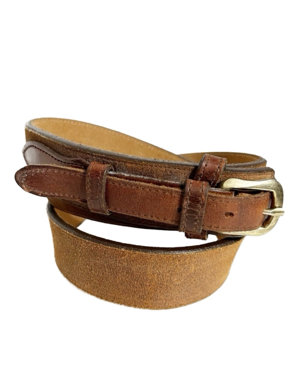 Unique Unbranded Leather Belt with Double Belt Design Light Brown Tan Brass Tone